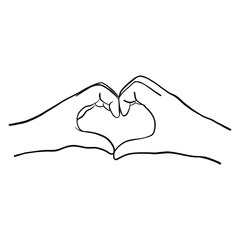 Hand-drawn vector comic hands of a woman shaping a heart and symbolizing love. Heart, white hands, isolated graphic.