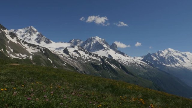 Pan view of the Mont Blanc, with the Drus and the Aiguille Verte peaks,  over the Chamonix valley.