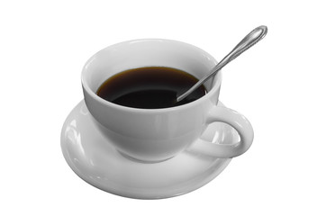Top view of hot coffee in white ceramic cup. isolated on white background, black and white tone