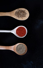 spoons with spices, coriander paprika and pepper