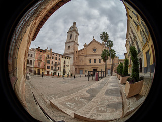 Fisheye view of the square Calixto III with the collegiate church in the background, Xàtiva,...
