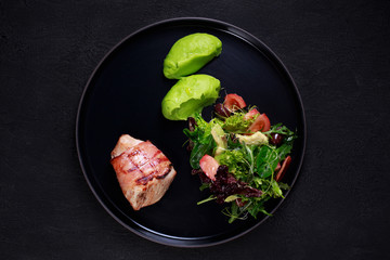 diet food, proper nutrition, healthy vegetable lunch with turkey, vegetables and broccoli puree, continental breakfast