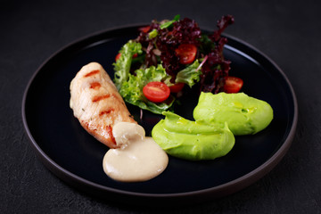 diet food, proper nutrition, healthy vegetable lunch with chicken, vegetables and broccoli puree, continental breakfast