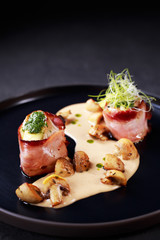 barbecue and grill, steak house menu, baked turkey breast with bacon and mushroom sauce, restaurant serving
