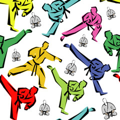 Seamless Colored Pattern martial arts, karate, MMA logo presswall. Design judo, taekwondo, hapkido, karate