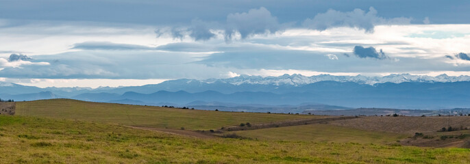 panorama of clouds over pyrenees mountains from aude, france, europe