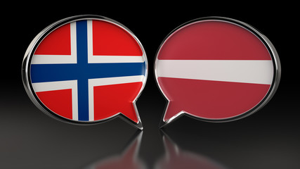 Norway and Latvia flags with Speech Bubbles. 3D illustration