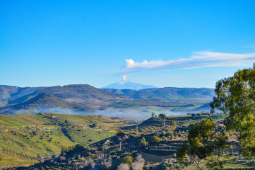 Fototapeta premium Stunning View from Mazzarino of the Mount Etna during the Eruption, Caltanissetta, Sicily, Italy, Europe