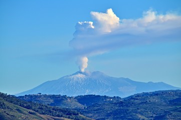 Stunning View from Mazzarino of the Mount Etna during the Eruption, Caltanissetta, Sicily, Italy, Europe