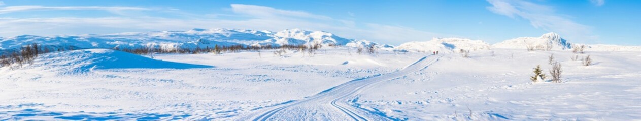 Wide panoramic view of snowy landscape with cross country ski track in Beitostolen. Winter in Norway