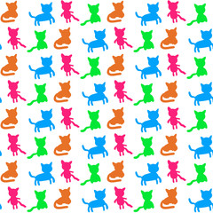 Cats set hand drawn silhouette seamless pattern four differents forms colorful rainbow