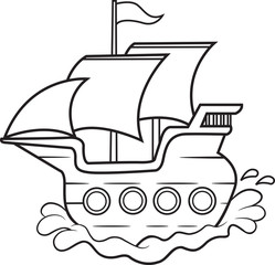 Black and white illustration of a wooden sailing ship.
