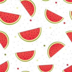 Foto op Plexiglas Watermeloen Naadloos watermeloenenpatroon. Vectorpatroon van rode watermeloenplakken op witte achtergrond. Naadloze achtergrond met plakjes watermeloen