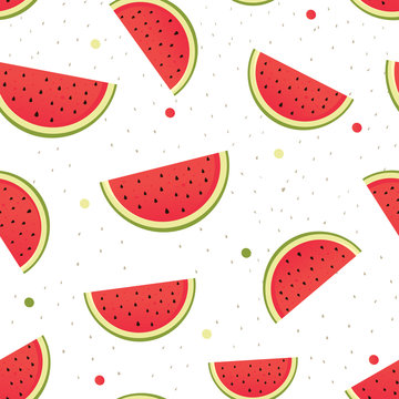 Seamless watermelons pattern. Vector pattern of red watermelon slices on white background. Seamless background with watermelon slices