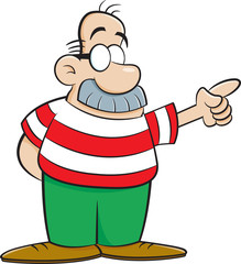 Cartoon illustration of a man with a big moustache pointing.