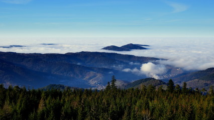 Fototapeta na wymiar Herrliche Aussicht vom Hohlohturm im Nordschwarzwald mit Wäldern, Tälern und Bergen, die über den Wolken sind.