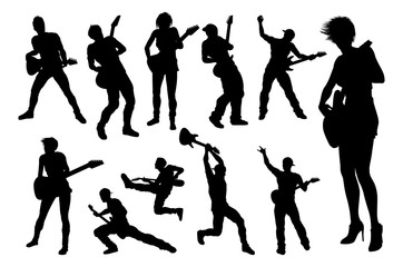 A set of guitarist musicians in detailed silhouette playing their guitars.