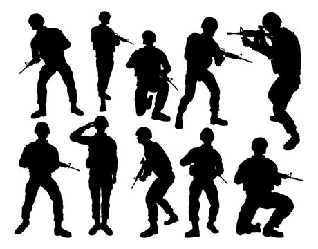 Set of detailed silhouettes of a military army soldiers