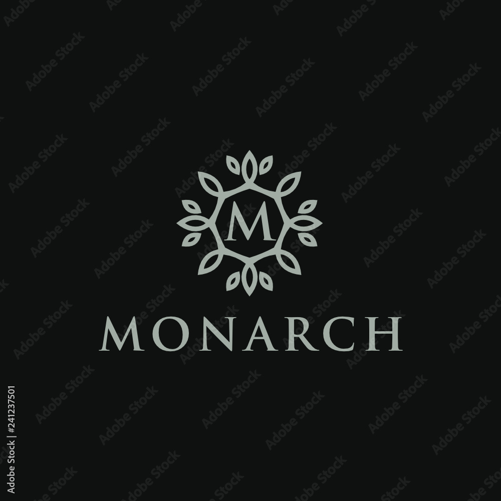 Poster premium linear shield monogram letter m logotype. elegant crest leaf stamp icon vector logo. luxury 