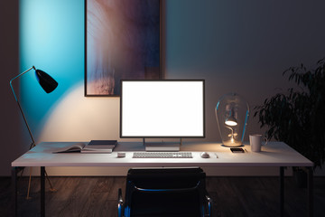 Blank white monitor, keyboard and computer mouse at desk. 3d rendering.