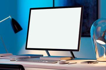 Blank white monitor, keyboard and computer mouse at desk. 3d rendering.