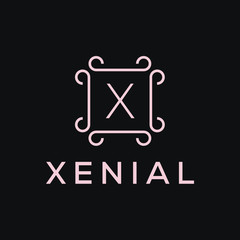 Premium linear shield monogram letter X logotype. Elegant crest leaf stamp icon vector logo. Luxury alphabet frame symbol. - Vector