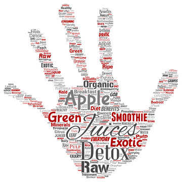Vector conceptual fresh natural fruit or vegetable juices hand print stamp red healthy diet organic beverage word cloud isolated background. Collage of green exotic, tropical raw nutrition concept