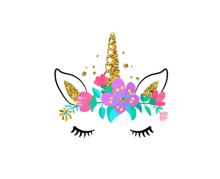 Unicorn cute vector illustration isolated on white background. Fashion girl patch with horse head, golden horn, ears, eyes and flowers