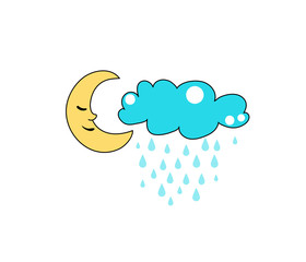 Cute cloud and moon vector. Character design. Rain drops. Cool comic patch illustration