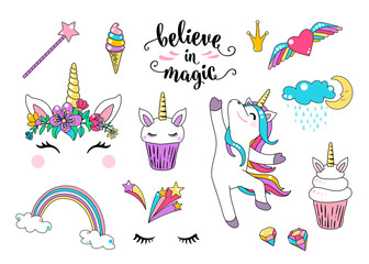 Cute unicorn vector with cupcake, dancing little horse, head with flowers, rainbow, diamond, ice cream and lettering quote believe in magic. Cool girl patches. Graphic design for print element © zaie