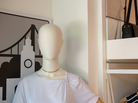 Female mannequin standing in storefront with blouse and inventory