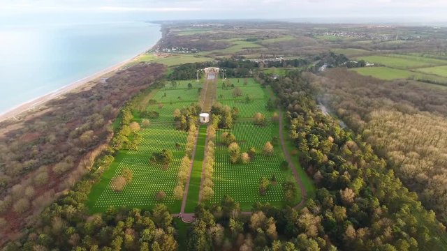 Normandy American Cemetery and Memorial World War II in Colleville-sur-Mer aerial drone view