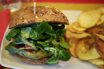 Vegetarian burger and chips