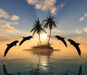 playing dolphins at sunset, a tropical island with coconut trees, seascape tropical beach,
