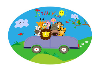 Jorney by car. Cute little animals have a nice trip.