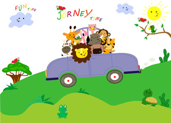 Obraz na płótnie Canvas Cute animals have a nice journey by car.