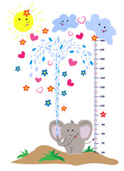 Hight meter for kids with cute little elefant and splash of water. Vector illustration.