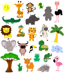 Set of afracan cute animals and birds. Vector illustration.