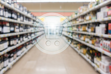 3d shopping basket on Supermarket blur background. Shopping concept. 
