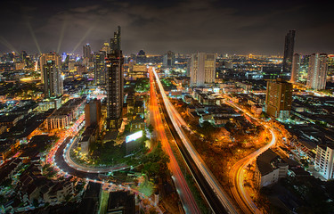 Fototapeta na wymiar Bangkok cityscape, Bangkok night view in the business location. Bangkok, Thailand - December 31, 2018