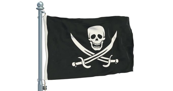 Piracy flag waving on white background, animation. 3D rendering