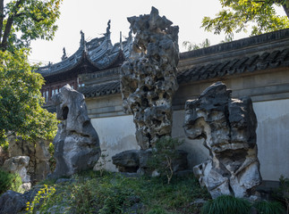 Detail of ornamental rock garden in Yu or Yuyuan Garden in  the old city of Shanghai