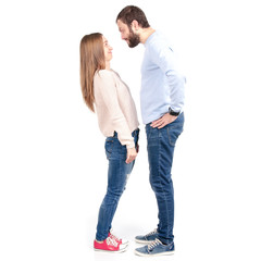 A man looks at a woman on a white background. Isolation
