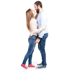 Beautiful young man and woman hug tenderness on white background isolation