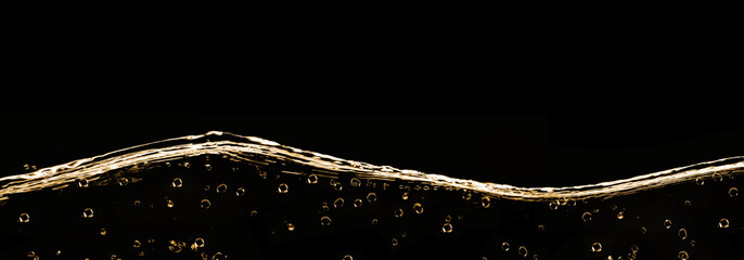 Champagne bubbles with surface, macro, horizontal, background