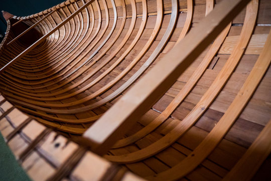 Interior of a traditional wooden Cree canoe