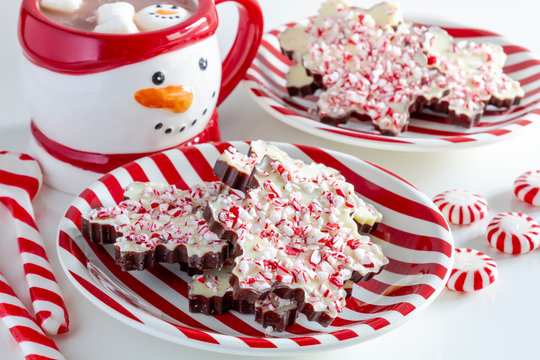 Snowflake shaped chocolate peppermint bark candies