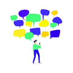 Illustration of a man with a telephone. Vector. A man communicates in chat rooms through messengers. Flat style. Communication in social networks. Dependence on mobile devices and the Internet. Comic 