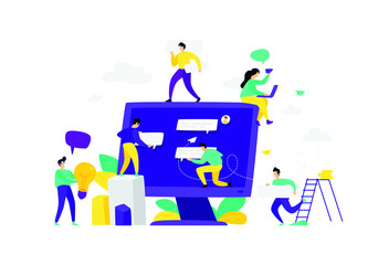 Illustration of a monitor with chat messages. Vector. Flat style. Mocap, web template. The team of employees communicates in chat rooms and messengers. Communications in social networks. Teamwork.