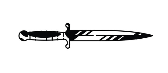 Illustration of the logo of the dagger. Vector. Painted military knife. Black and white contour graphic drawing. Tattoo. Decorative element for design.